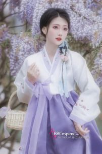 Hanbok Hàn Quốc Voan Áo Trắng Váy Tím