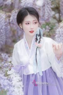 Hanbok Hàn Quốc Voan Áo Trắng Váy Tím