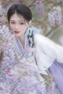 Hanbok Hàn Quốc Voan Áo Trắng Váy Tím