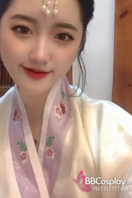 Hanbok Hàn Quốc Voan Chiết Ngực Áo Trắng Váy Tím