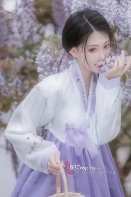 Hanbok Hàn Quốc Voan Áo Trắng Váy Tím
