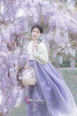 Hanbok Hàn Quốc Voan Áo Trắng Váy Tím
