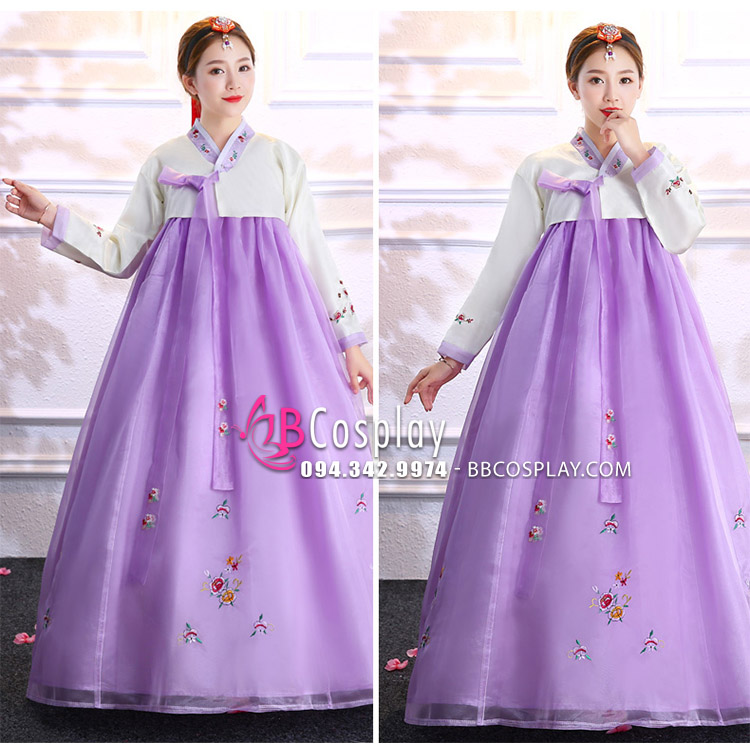Hanbok Hàn Quốc Voan Chiết Ngực Áo Trắng Váy Tím