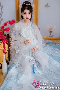 Quạt Chụp Ảnh Cổ Trang Nền Xanh Nhũ Vàng