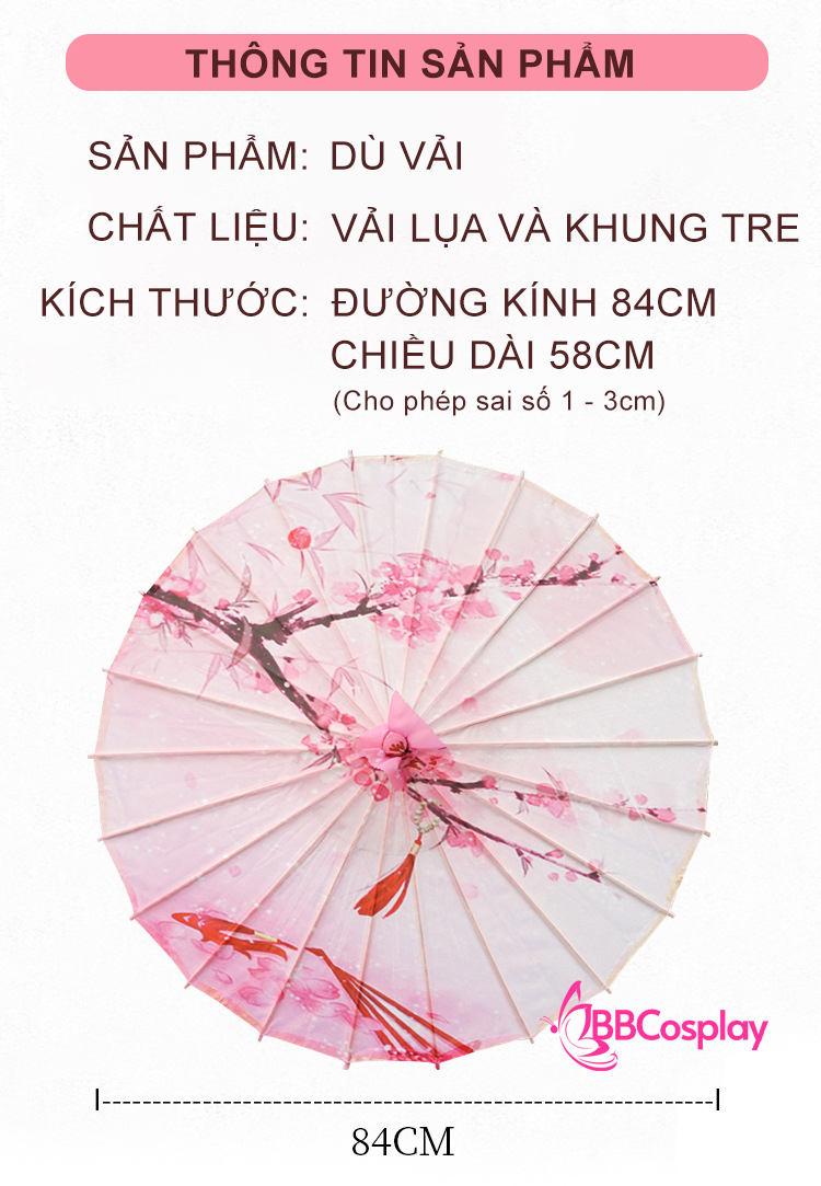 Dù Vải Cổ Trang Cành Hoa Đào Có Én Đậu Nền Trắng Kem