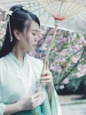 Dù Vải Cổ Trang Cành Hoa Đào Có Én Đậu Nền Trắng Kem