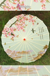 Dù Vải Cổ Trang Cành Hoa Đào Có Én Đậu Nền Trắng Kem