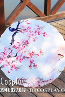 Dù Vải Cổ Trang Hoa Anh Đào Nền Trắng Xanh