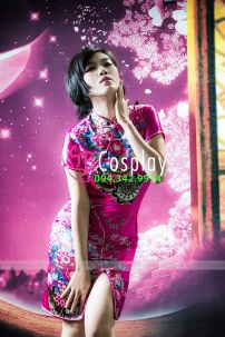 Sườn Xám Hồng Phi Ngắn Có Tay