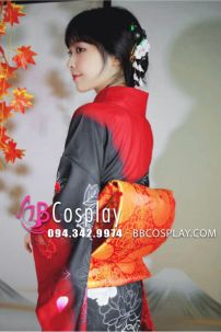 Trang Phục Kimono Chuẩn Nhật Hoa Đào Đỏ Phối Đen