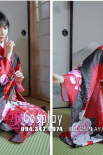 Trang Phục Kimono Chuẩn Nhật Hoa Đào Đỏ Phối Đen
