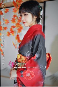 Trang Phục Kimono Chuẩn Nhật Hoa Đào Đỏ Phối Đen