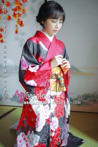 Trang Phục Kimono Chuẩn Nhật Hoa Đào Đỏ Phối Đen