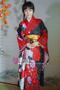 Trang Phục Kimono Chuẩn Nhật Hoa Đào Đỏ Phối Đen