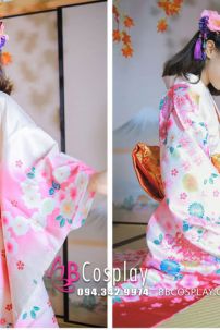 Kimono Bách Hoa Nền Kem Hồng