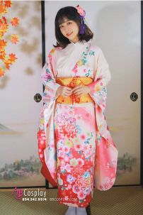 Kimono Bách Hoa Nền Kem Hồng