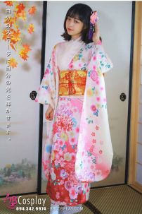 Kimono Bách Hoa Nền Kem Hồng