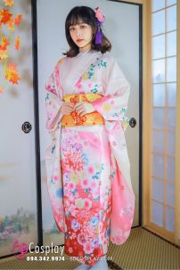 Kimono Bách Hoa Nền Kem Hồng