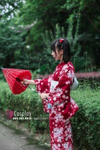 Yukata Nhật Hoa Đào Nền Đỏ Đô