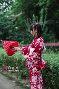 Yukata Nhật Hoa Đào Nền Đỏ Đô