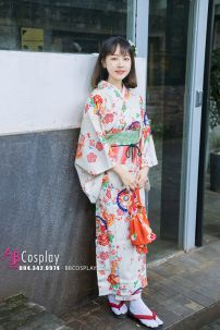 Yukata Nhật Hoa Đào Cam Obi Carot