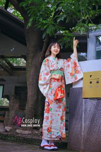Yukata Nhật Hoa Đào Cam Obi Carot