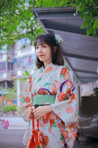 Yukata Nhật Hoa Đào Cam Obi Carot
