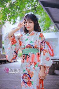 Yukata Nhật Hoa Đào Cam Obi Carot