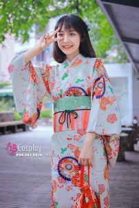 Yukata Nhật Hoa Đào Cam Obi Carot