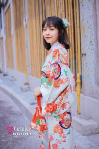 Yukata Nhật Hoa Đào Cam Obi Carot