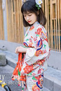 Yukata Nhật Hoa Đào Cam Obi Carot