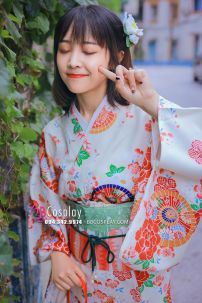 Yukata Nhật Hoa Đào Cam Obi Carot