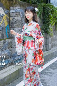 Yukata Nhật Hoa Đào Cam Obi Carot