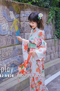 Yukata Nhật Hoa Đào Cam Obi Carot
