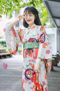 Yukata Nhật Hoa Đào Cam Obi Carot