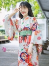 Yukata Nhật Hoa Đào Cam Obi Carot