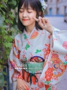 Yukata Nhật Hoa Đào Cam Obi Carot