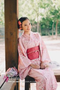 Yukata Nhật Bản Hoa Đào Nền Hồng