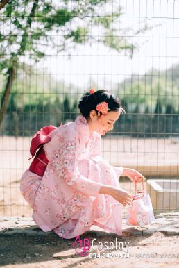 Kimono Nhật Bản Hoa Đào Nền Cam (Hàng Sắp Về)