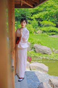 Yukata Hồng Pastel Obi Mèo Đen