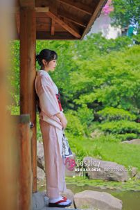 Yukata Hồng Pastel Obi Mèo Đen