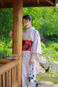 Yukata Hồng Pastel Obi Mèo Đen