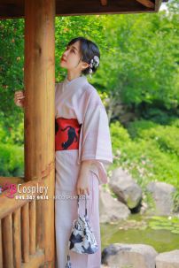 Yukata Hồng Pastel Obi Mèo Đen