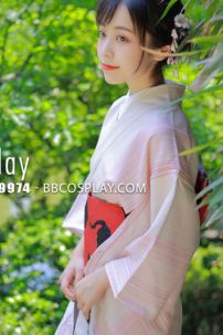 Yukata Hồng Pastel Obi Mèo Đen