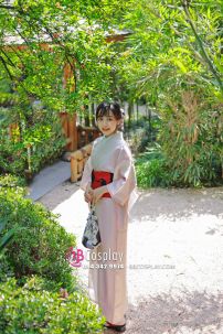 Yukata Hồng Pastel Obi Mèo Đen