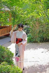 Yukata Hồng Pastel Obi Mèo Đen