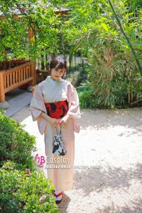 Yukata Hồng Pastel Obi Mèo Đen