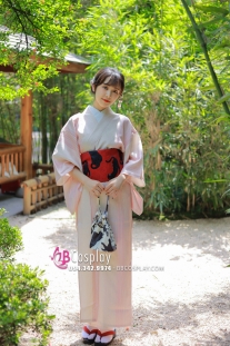 Yukata Hồng Pastel Obi Mèo Đen