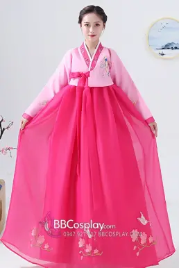 Quần Áo Hanbok Chuẩn Hàn Voan Thêu Hồng Nữ Tính