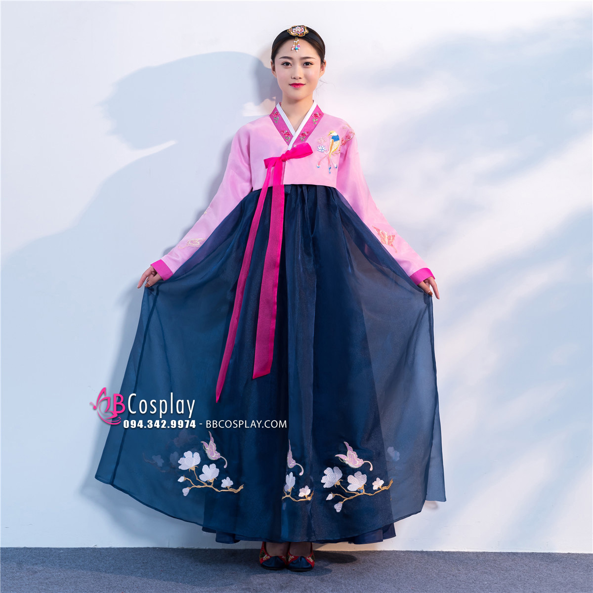 Hanbok Hàn Quốc Áo Hồng Váy Xanh Đậm
